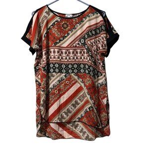 Spense Women Blouse Short Sleeve Size Small Lightweight Patchwork Hi Low Classic